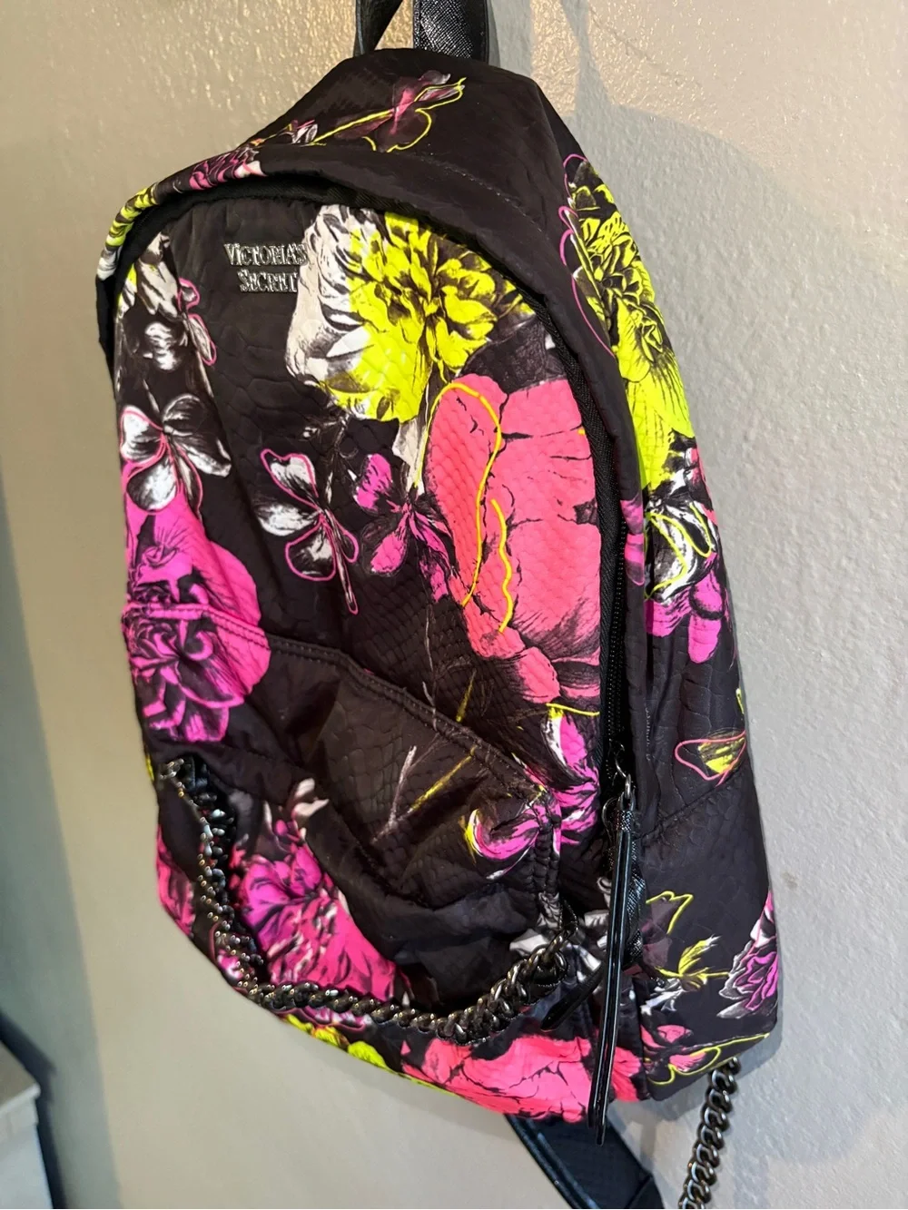 Victoria's Secret Black Floral Backpack with Pink & Yellow Accents